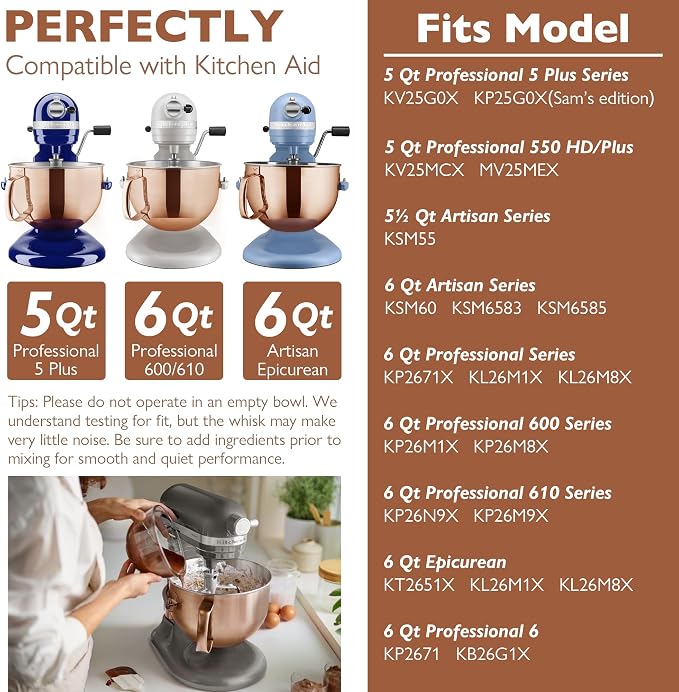 Copper Color Stainless Steel 6 Quart Mixing Bowl for Kitchen Aid Professional Bowl Lift Stand Mixer, Heavy Duty Extra Mixer Bowl fits KP26, KB26, Dishwasher Safe, Ergonomic Handle, Silicone Scraper