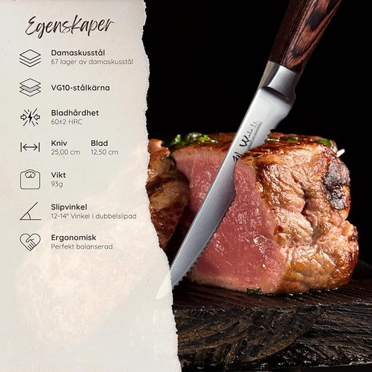Wakoli EDIB 4-Piece Damascus Steak Knife Set, VG10 Core 67-Layer Damascus Steel Steak Knives with Pakkawood Handles, Premium Dining Cutlery Gift Box for Steak, Meat, Roasts & Poultry, Hand Wash Only