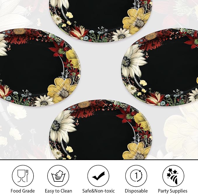 50Pcs Boho Flower Oval Paper Plates 10" x 12" Large Disposable Heavy Duty Black Vintage Floral Dessert Platters for SummerTropical Night Birthday Wedding Bridal Shower Tea BBQ Party Decorations