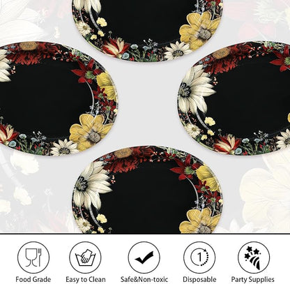50Pcs Boho Flower Oval Paper Plates 10" x 12" Large Disposable Heavy Duty Black Vintage Floral Dessert Platters for SummerTropical Night Birthday Wedding Bridal Shower Tea BBQ Party Decorations