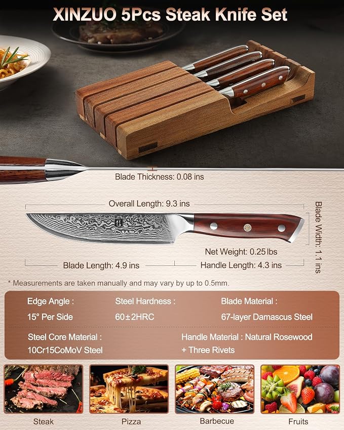 XINZUO 5Pcs Steak Knives Set, Non Serrated Dinner Knives with Drawer Knife Holder,67-layer Damascus Steel Kitchen Knife with Rose Wood Handle, Acacia Wood Knife Block
