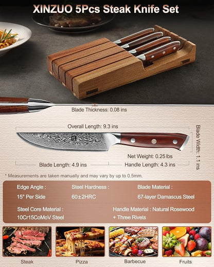 XINZUO 5Pcs Steak Knives Set, Non Serrated Dinner Knives with Drawer Knife Holder,67-layer Damascus Steel Kitchen Knife with Rose Wood Handle, Acacia Wood Knife Block
