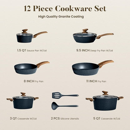 Kitchen Academy Pots and Pans Set Non Stick - 12 Piece Induction Kitchen Cookware Sets, Blue Granite Nonstick Cooking Pans Set