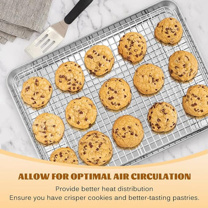 Half Sheet Baking Pan with Rack Set, E-far 18”x13” Cookie Sheet for Oven, Rimmed Stainless Steel Tray with Wire Cooling Rack for Cooking Roasting Resting Bacon Meat Steak - Dishwasher Safe
