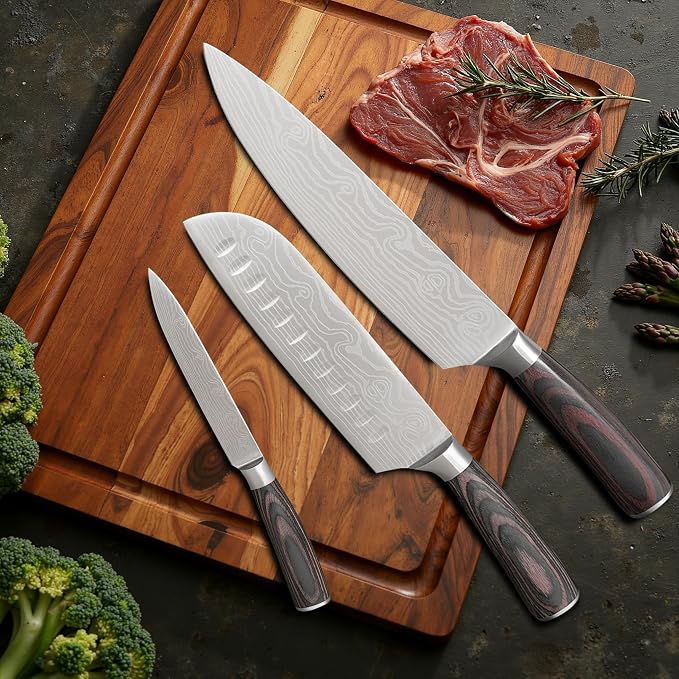 3 Piece Set of Professional Chef Knives, Forged From High Carbon Stainless Steel, with Extremely Sharp Blades and Ergonomic wooden Handles to Meet Various Cutting Needs (Kitchen Knife Set 3 Pcs)