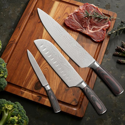 3 Piece Set of Professional Chef Knives, Forged From High Carbon Stainless Steel, with Extremely Sharp Blades and Ergonomic wooden Handles to Meet Various Cutting Needs (Kitchen Knife Set 3 Pcs)