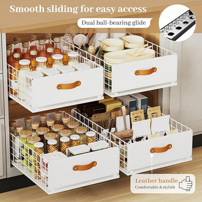 Pull Out Cabinet Organizer, No-Drill Pantry Drawers, Slide Out Shelves with Bamboo Risers for Lipped Cabinets,Ideal for Kitchen, Bathroom & Under Sink Storage (White, 13.8" Wide-21 Deep)