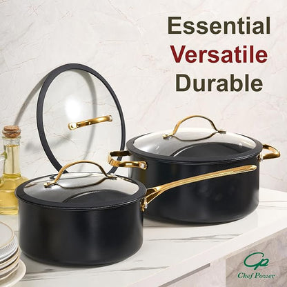 Chef Power Ceramic Cookware Sets, 15Pcs Pots and Pans Set Non Stick, Cookware Set with Stainless Steel Handle, Dishwasher & Oven Safe, Stone Black and Light Gold Handle