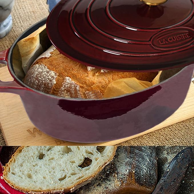 La Cuisine Enameled Cast Iron Oval Dutch Oven Casserole Dish Pot with Lid 6.75 QT Internal Matt Black Enamel Coating for bread baking, Gold-Plated Stainless Steel Lid Handle, Oven Safe up to 500° F. Cranberry