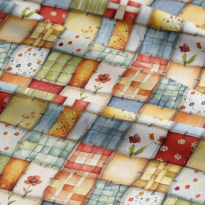 Patchwork Cotton Fabric Panel 61 x 36.6 Inches, Floral Quilt Style Squares, Soft Multicolor Design, 100% Cotton 140 GSM, Sewing Quilting Fabric