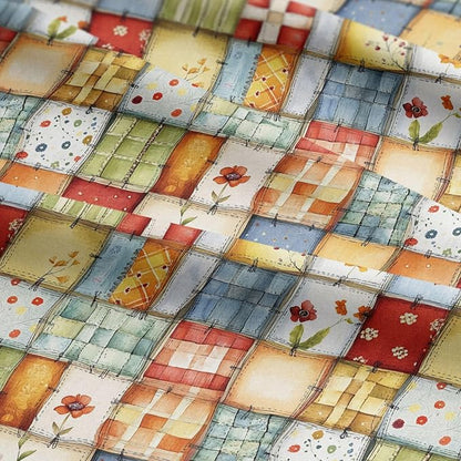Patchwork Cotton Fabric Panel 61 x 36.6 Inches, Floral Quilt Style Squares, Soft Multicolor Design, 100% Cotton 140 GSM, Sewing Quilting Fabric