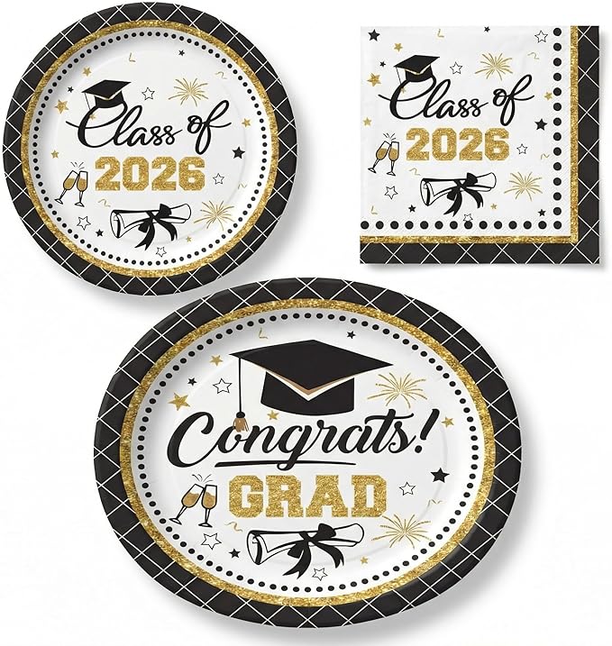 Dereinwo 100 PCS Graduation Paper Plates and Napkins | Bundle Includes Paper Oval Dinner Plates Dessert Plates and Napkins for Graduation Party Supplies