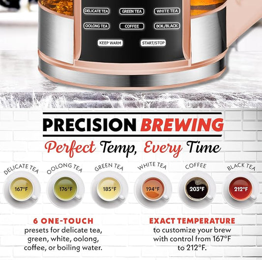 Gourmia Electric Glass Kettle – 1.7L Programmable Tea & Coffee Brewer with Digital Touch Display, 6 Presets, Removable Stainless Steel Infuser, Cordless with 360° Swivel Base, Peach