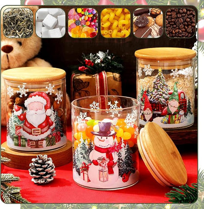 JarThenaAMCS 3Pcs Christmas Glass Storage Jars with Airtight Lid Watercolor Snowman Santa Gnome Decorative Canisters Sets for Winter Xmas Home Kitchen Countertop