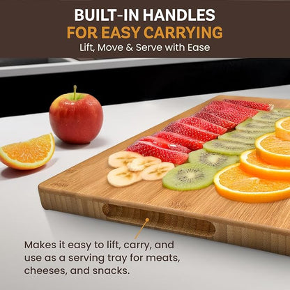 Bambüsi Bamboo Cutting Board (8" x 5") Small Carbonized Wooden Chopping Board with Juice Groove and Side Handles, 0.5" Thick Mini Food Prep and Serving Board