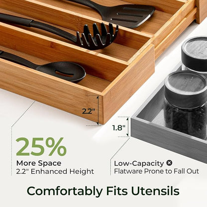 Carbonized Bamboo Kitchen Drawer Organizer, 5 Slots Expandable Silverware Organizer, Utensil Holder & Cutlery Tray, 2.2" Deep for Extra Capacity, Non-Slip Feet Included.