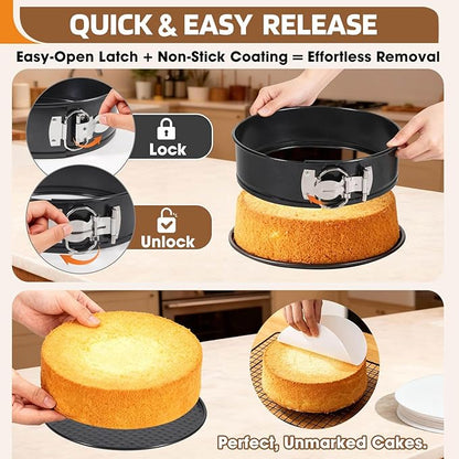 MASSUGAR 9 Inch Springform Pan, Nonstick Cheesecake Pan with Silicone Protector, 50 Pcs Parchment Paper Liners & 3 Cake Scrapers, No Leaks in Water Bath, Leakproof Round Cake Pan with Removable Bottom