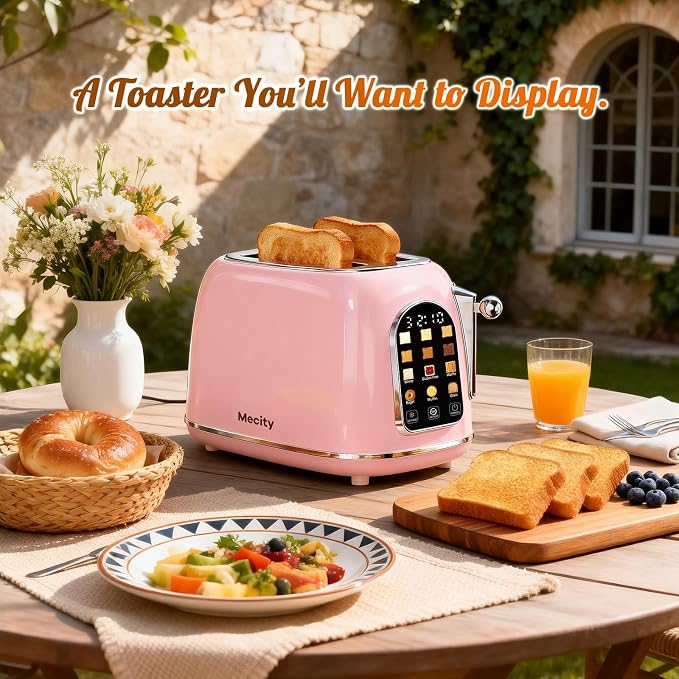 Mecity Toaster 2 Slice, Touch Screen Wide Slot Retro Toaster For Breads Bagel Muffin Waffle, House Warming Gift New Home, 120V 825W, Pink Color