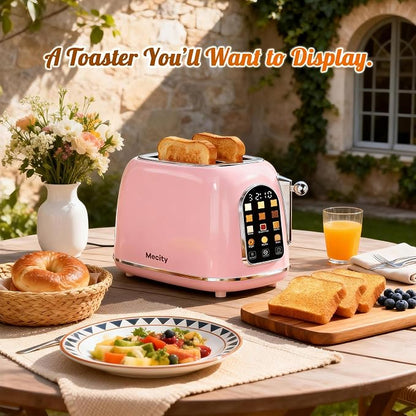 Mecity Toaster 2 Slice, Touch Screen Wide Slot Retro Toaster For Breads Bagel Muffin Waffle, House Warming Gift New Home, 120V 825W, Pink Color