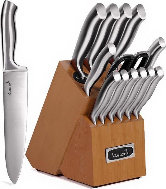 KUISINE Chef Knife Set Upgraded One Piece Molding Ultra Sharp Blade Ergonomic Handle,Kitchen Knife Block Set with Built-in Sharpener(Silver Acacia,15PCS)