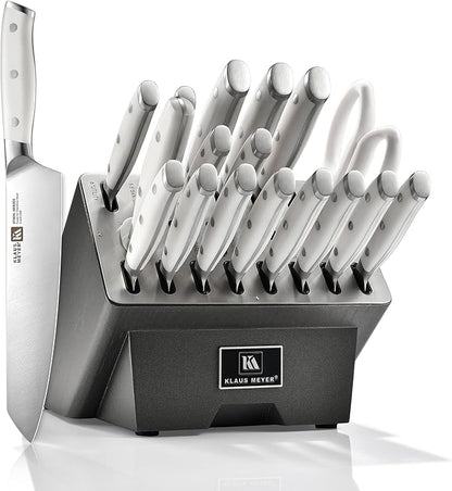 Klaus Meyer 19-Piece Knife Block Set, High Carbon German Stainless Steel (Stahl), Full-Tang Handles with Sharpener (White)