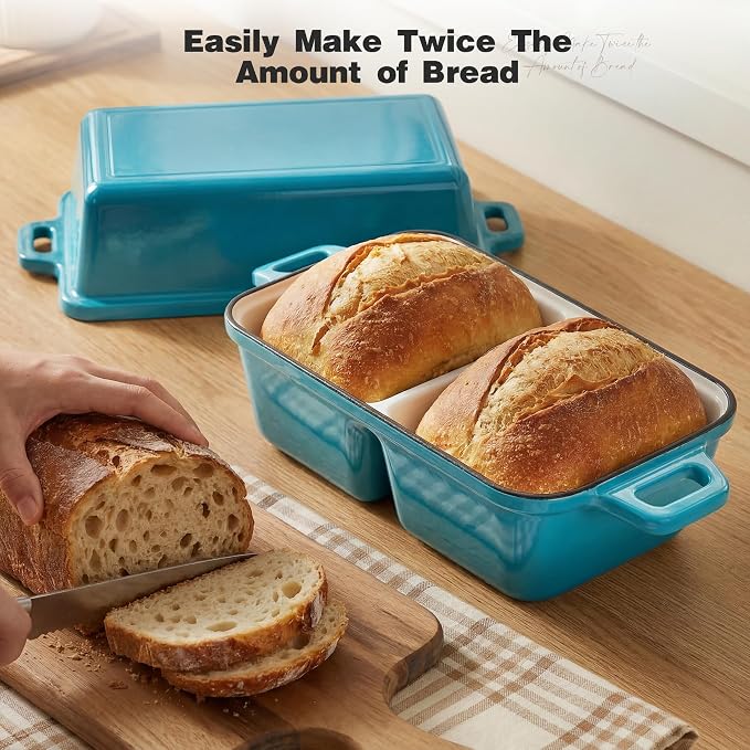 Double Dutch Oven for Sourdough Bread Baking,Enameled Cast Iron Dutch Oven with Lid,Double-Chamber Square Mini Sourdough Loaf Pan for Homemade Bread,Light Blue(Patent Has Been Applied for)