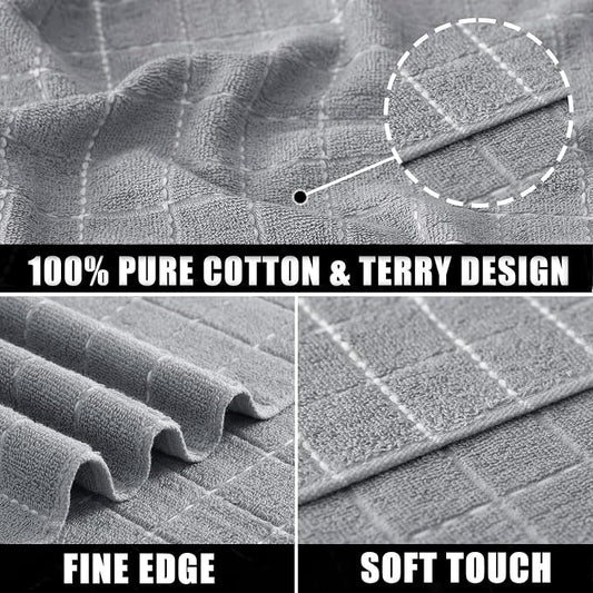 Mordimy 100% Cotton Terrycloth Kitchen Towels and Dishcloths Sets, Soft and Absorbent Checkered Dish Towels, Quick Drying Dish Rags for Washing Dishes, 4 Pack 12" x 12" & 4 Pack 12" x 12", Light Grey