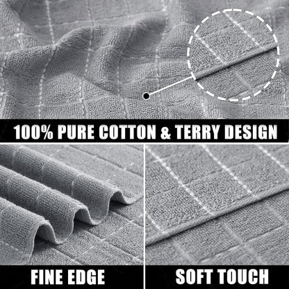 Mordimy 100% Cotton Terry Cloth Kitchen Towels, Super Soft and Absorbent Dish Towels for Drying, Checkered Designed Hand Towels for Kitchen, 16 x 26 Inches, 6 Pack, Light Grey