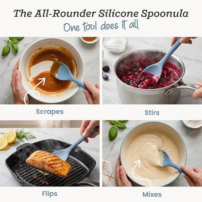 StarPack XL Spoonula The All-Rounder 13.5 Inch - LFGB Silicone Spoon Spatula, 600°F Heat Resistant, BPA-Free - One-Piece Seamless, Dishwasher Safe - for Nonstick Cookware and Deep Pots, Light Blue