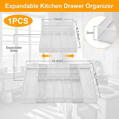 1 Pcs Utensil Drawer Silverware Organizer, Metal Mesh Expandable 13" 24" Kitchen Drawer Organizer, 7-9 Slots Cutlery Tray Dividers for Kitchen Flatware Christmas Housewarming Gift (White)
