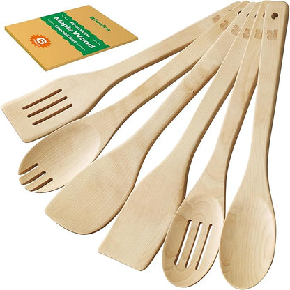 Set of wooden cooking utensils with a brand label in the background