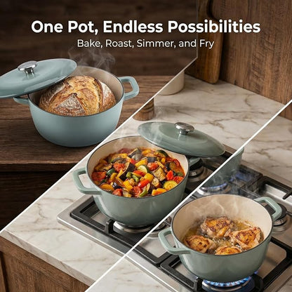 7QT Enamel Cast Iron Dutch Oven with Lid,Dual Handles,Versatile Heavy-Duty Non-toxic Cookware for Sourdough Bread Baking,Braising,Stews,Roasting,Oven Safe up to 500°F green