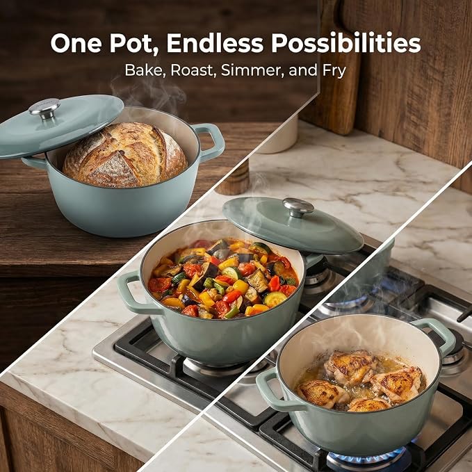 5.5QT Enamel Cast Iron Dutch Oven with Lid,Dual Handles,Versatile Heavy-Duty Non-toxic Cookware for Sourdough Bread Baking,Braising,Stews,Roasting,Oven Safe up to 500°F green