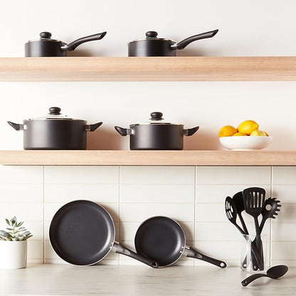 Amazon Basics Ceramic Non-Stick Cookware 15-Piece Set, Pots, Pans and Utensils, Black
