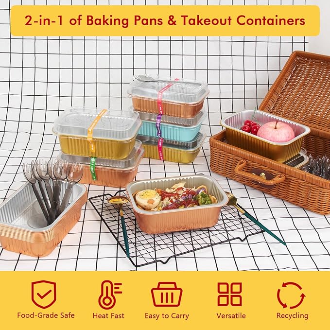LNYZQUS 50 Pack 7” x 5” Small Aluminum Pans with Lids, 30oz Heavy Duty Foil Baking Tins Large To Go Containers,Individual Leftover Containers Baked Food Holders Boxes for Oven-Champagne
