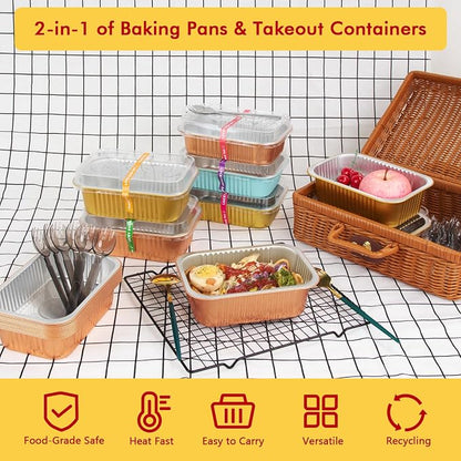LNYZQUS 1.5lb Small Baking Pans with Lids 25 Pack, 7” x 5” Aluminum Foil Containers Individual Cake Tins,24oz Heavy Duty Takeout Leftover Containers Meal Prep Holders Boxes for Oven-Blue