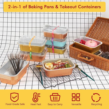LNYZQUS 7” x 5” Small Aluminum Pans with Lids 25 Pack, 30oz Heavy Duty Foil Baking Tins Large To Go Containers,Individual Leftover Containers Baked Food Holders Boxes for Oven Grill-Champagne