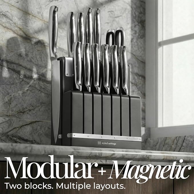 German Stainless Steel Kitchen Knife Block Set with Built-in Sharpener - 2-in-one Space Saving Magnetic Countertop and Knife Drawer Organizer with Stainless Steel Knives, Ideal Gift
