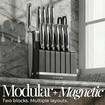 German Stainless Steel Kitchen Knife Block Set with Built-in Sharpener - 2-in-one Space Saving Magnetic Countertop and Knife Drawer Organizer with Stainless Steel Knives, Ideal Gift