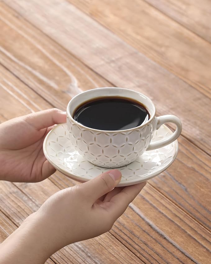 MALACASA 6 OZ Cappuccino Cups with Saucers Set of 4 - Ceramic Stackable Tea Cups and Saucers, Embossment Coffee Mugs for Tea, Latte and Mocha, Dishwasher Safe, Arctic white, LYDIA Series