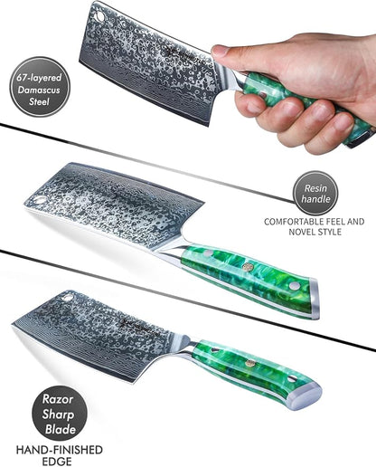 Chopping Knife - 7 inch Cleaver Knife- Xuan Series - VG10 Damascus Steel Kitchen Knife - Resin Handle (Jade Green)