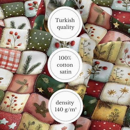 Patchwork Cotton Fabric Panel 61 x 36.6 Inches, Christmas Botanical Squares Quilt Style, 100% Cotton 140 GSM, Sewing Quilting Craft Fabric