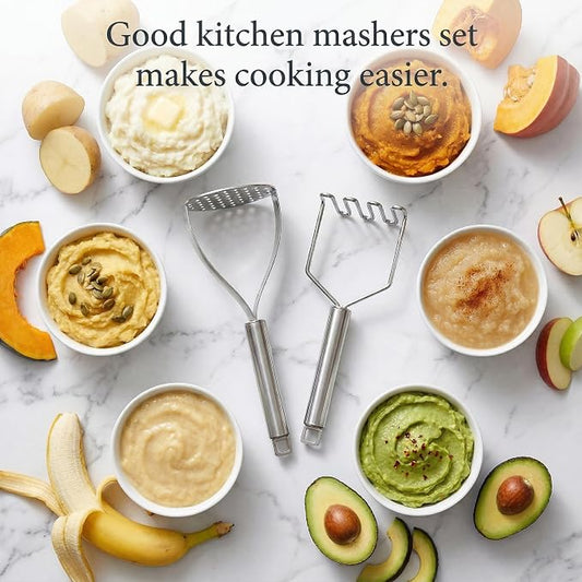 18/0 Stainless Steel Potato Mashers, 10.7-in Kitchen Masher Tool for Avocado Vegetable Sauce Butter, Heavy Duty, Dishwasher Safe, Pack of 2