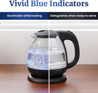 Elite Gourmet EKT1001 Electric 1.0L BPA-Free 1100W Glass Kettle Cordless 360° Base, Stylish Blue LED Interior, Handy Auto Shut-Off Function – Quickly Boil Water For Tea & More, Black