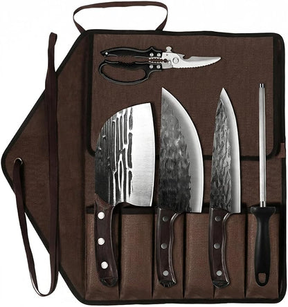 KOFERY Hand Forged Butcher Knife Set with Full Tang Damascus Steel for Pit Master BBQ, Smoking Meat and Meat Carving, Including Roll Bag, Shears and Sharpener for Outdoor Camping Gifts for Men