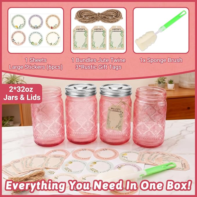 Pink Mason Jars 32 oz with Stainless Steel Leakproof Lids, 2 Pack Wide Mouth Colored Glass Jars for DIY Crafts, Wedding Centerpieces, Home Decor, Flower Vase, Bathroom Storage