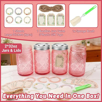 Pink Mason Jars 32 oz with Stainless Steel Leakproof Lids, 2 Pack Wide Mouth Colored Glass Jars for DIY Crafts, Wedding Centerpieces, Home Decor, Flower Vase, Bathroom Storage