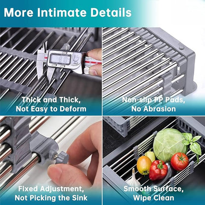Dish Drying Rack, Stainless Steel Dish Drainer with Adjustable Arms Holder Functional Kitchen Sink Organizer for Vegetable and Fruit, Gray Large