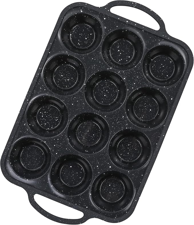12-Cup Silicone Muffin Pans for Baking, Black with White Dots, Non-Stick with Reinforced Steel Frame for Stability, BPA-Free Bakeware