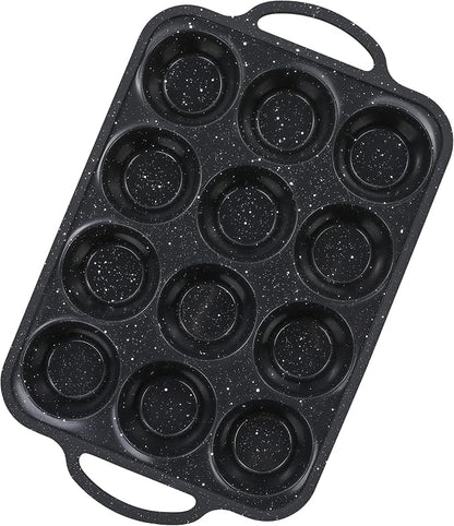 12-Cup Silicone Muffin Pans for Baking, Black with White Dots, Non-Stick with Reinforced Steel Frame for Stability, BPA-Free Bakeware